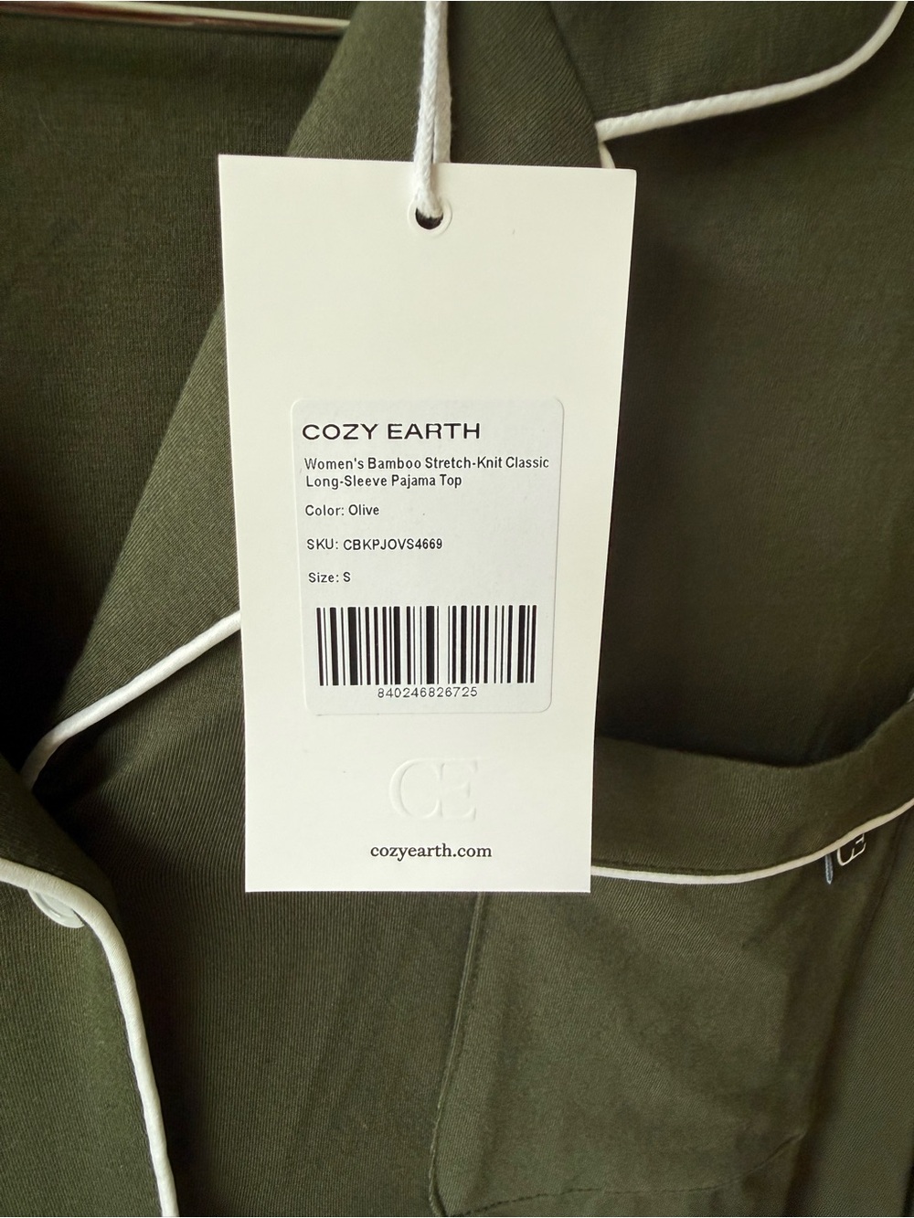 Cozy Earth Bamboo Stretch-Knit Long Sleeve Pajama Top in Olive - Size S - NWT - Picture 2 of 3